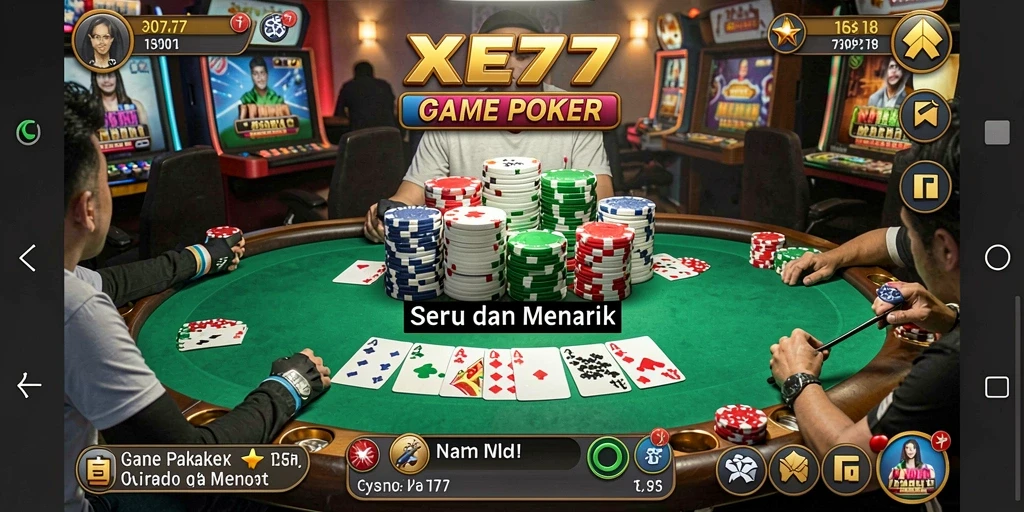 Screenshot XE77 menampilkan gameplay Poker yang seru dan mendebarkan.